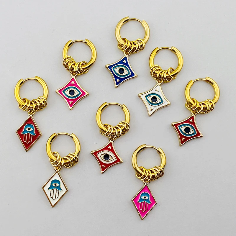 1PC Irregular Square Evil Eye Fatima Hand Stainless Steel Earrings For Women Colorful Enamel Turkish Eye Pendant Hoop Earrings J