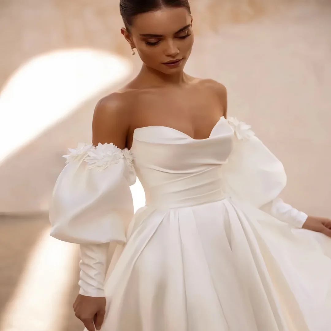 Suknia Ślubna Satynowa Grace na Zamówienie, Seksowna, Odkryte Ramiona, Dekolt w Serek, Bufiaste Rękawy, Suknie Ślubne z Kwiatami, Vestido De Noiv