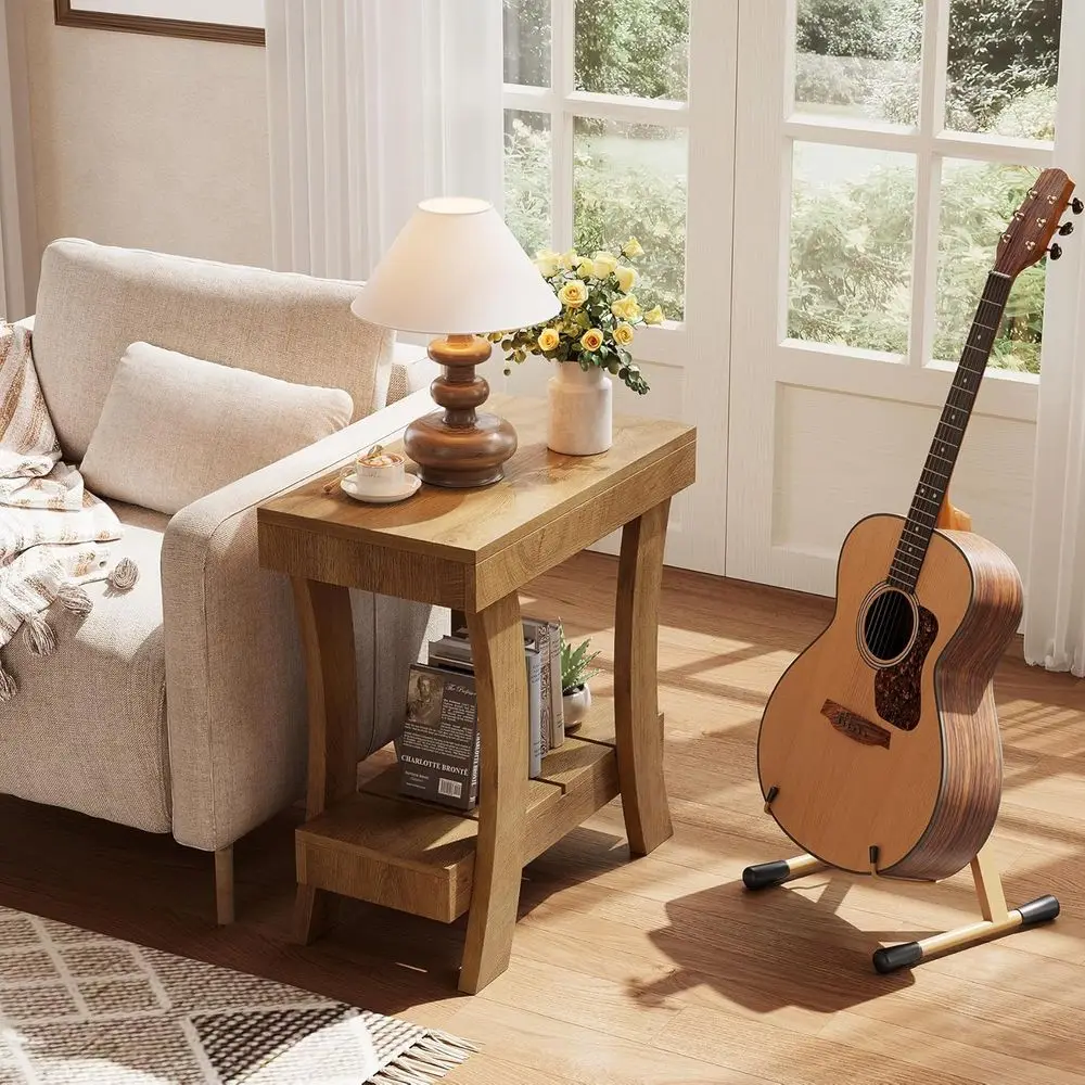 

Узкий приставной столик с полкой для хранения, 2-уровневый приставной столик с деревянными ножками, маленькая прикроватная тумбочка для спальни, гостиной, небольшой комнаты