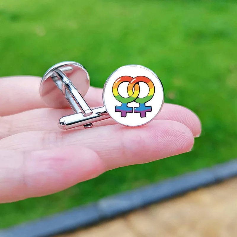 Lesbian Gay Pride Cufflinks for Fans LGBT Creative Rainbow Flag Glass Gem Charm Shirt Decoration Cuff Buttons