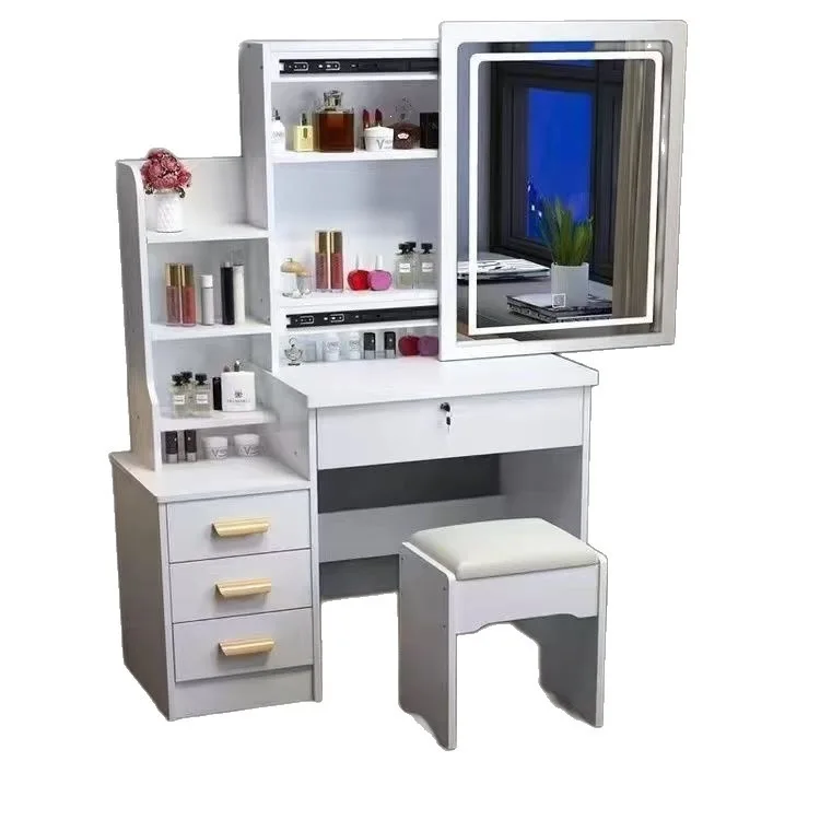 Elegant white makeup dresser with sliding illuminated mirror and touch controls