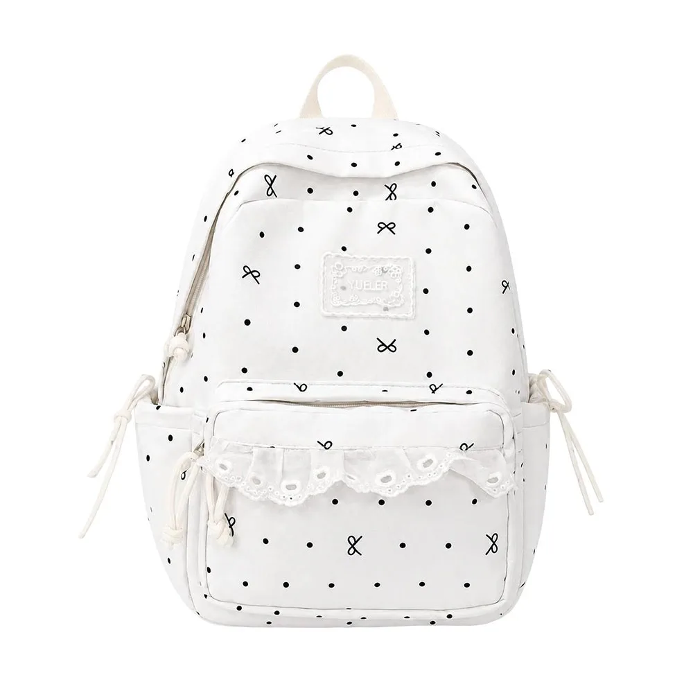 Large Capacity Campus Backpack Polka Dot Bowknot Student Schoolbag Preppy Style Design Soft Nylon Material Lace Floral Backpack