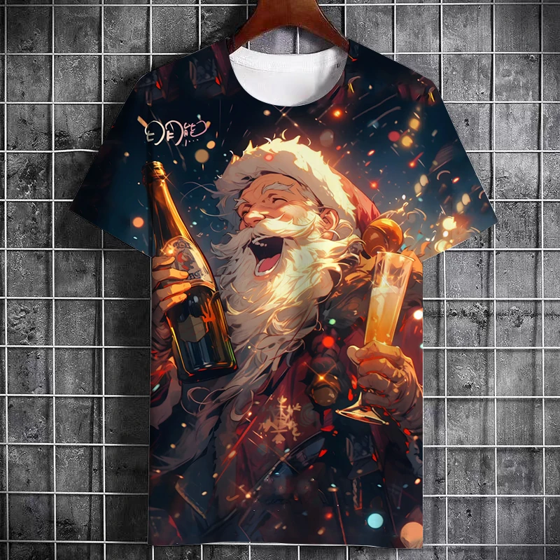 

Hip Hop Santa Printed T-Shirt Holiday Party Christmas Tree Unisex Short Sleeve Creative Funny O Collar Casual New Year Gift Top