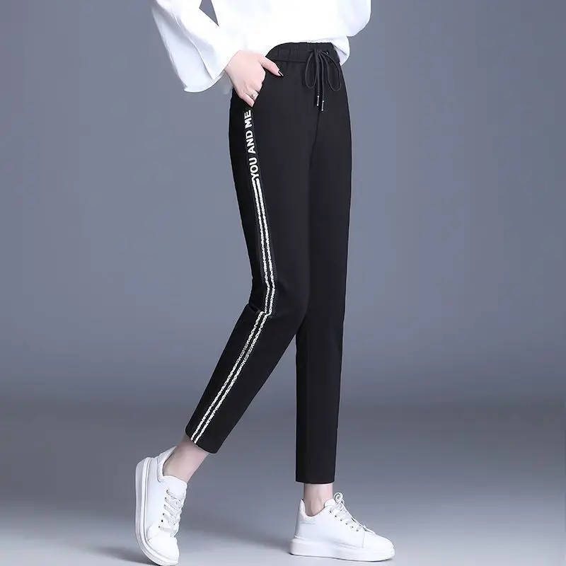 Fashion Women Solid Pencil Sweat Pants Spring Autumn Korean New Lace-up High Waist Elastic Pocket Slim Casual Straight Trousers