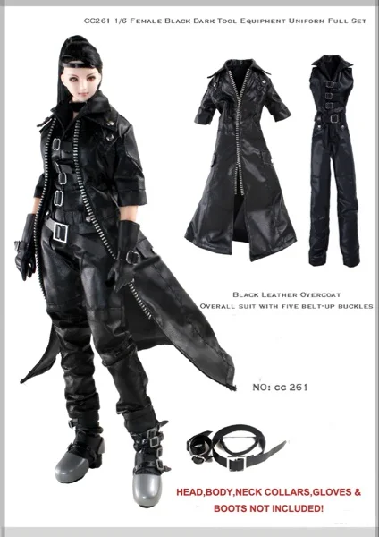 

DOLLSFIGURE 1/6 Female Soldier Gothic Overall Suit CC261 Black Leather Overcoat Clothing Accessories Model fit 12" Body