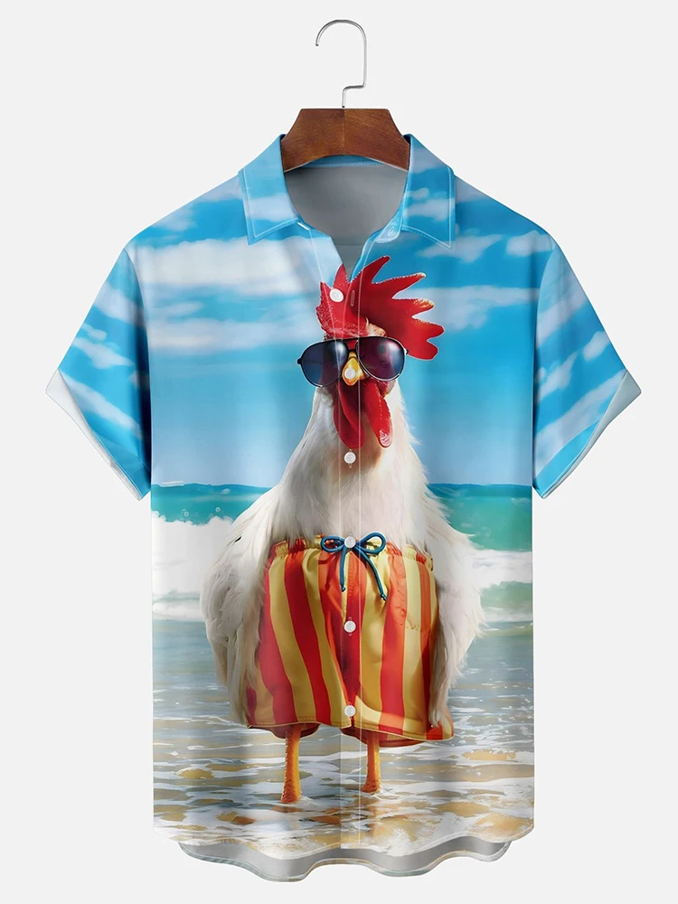 Men's Short Sleeve Shirt Cartoon Chicken Print Men's Hawaiian Short Sleeve Shirt Summer New Seaside Fashion Men's Casual Shirt