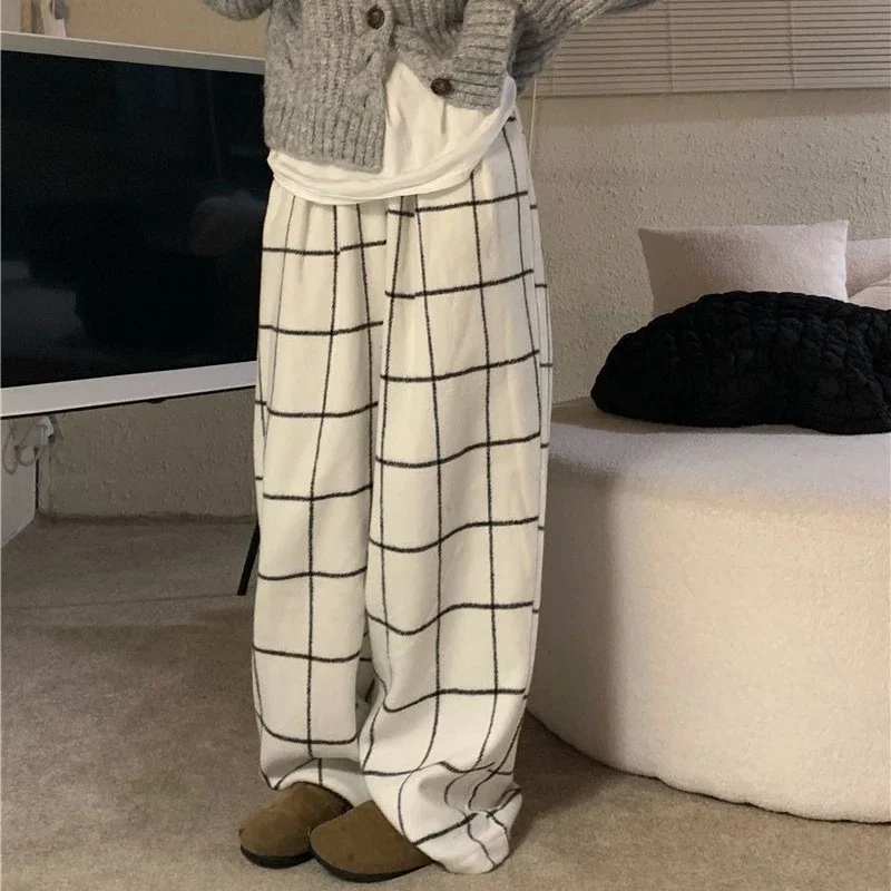 

Summer New Plaid Pants Women Loose Casual Wide Leg High Waist Full Length Loose Trousers Office Lady Versatile Sweatpants Female