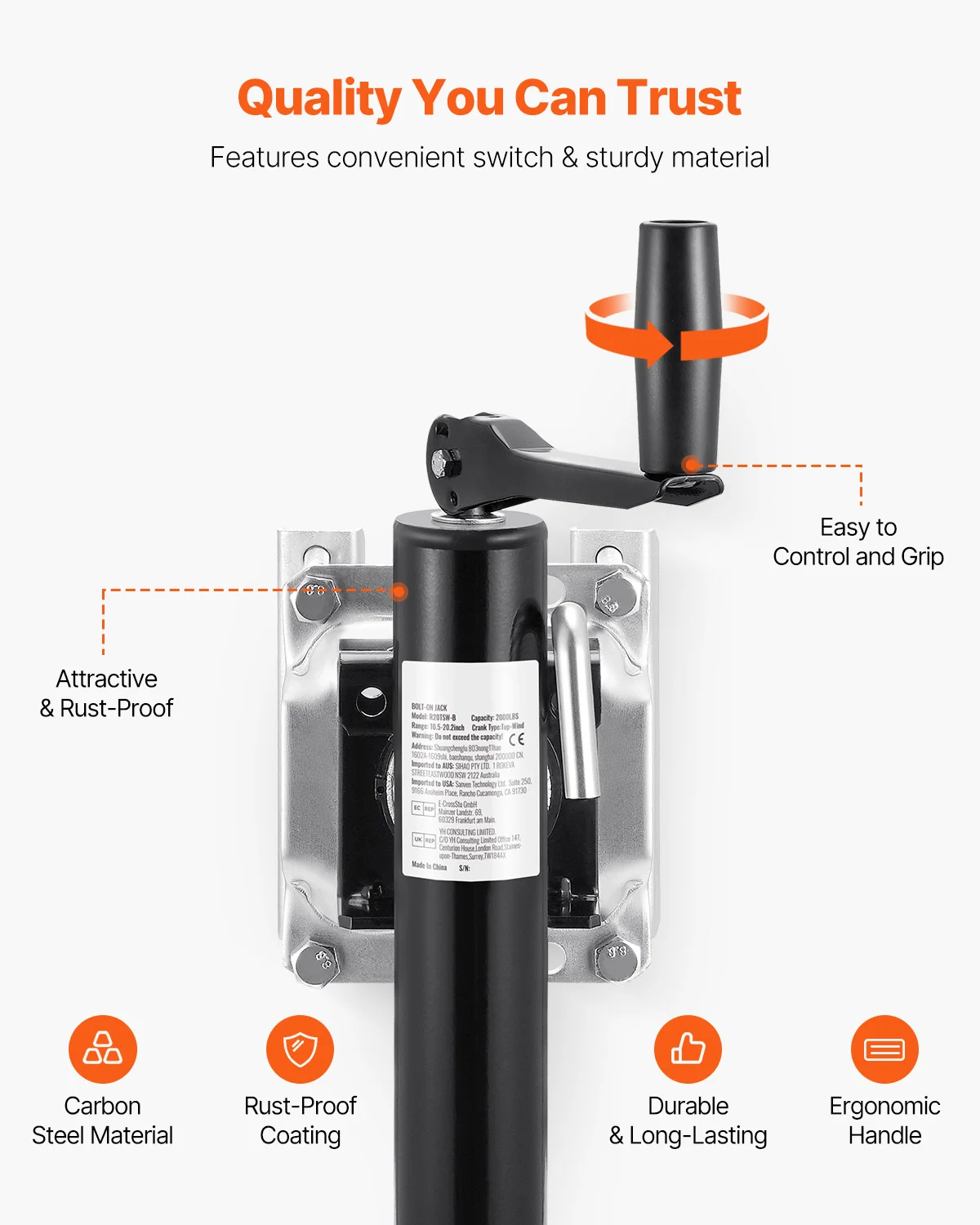 SucceBuy 2000 رطل مقطورة جاك ديناميكي الثقيلة قطب الترباس على 10 "رفع مقطورة جاك الوقوف مع مقبض ل RV قارب يخت #4