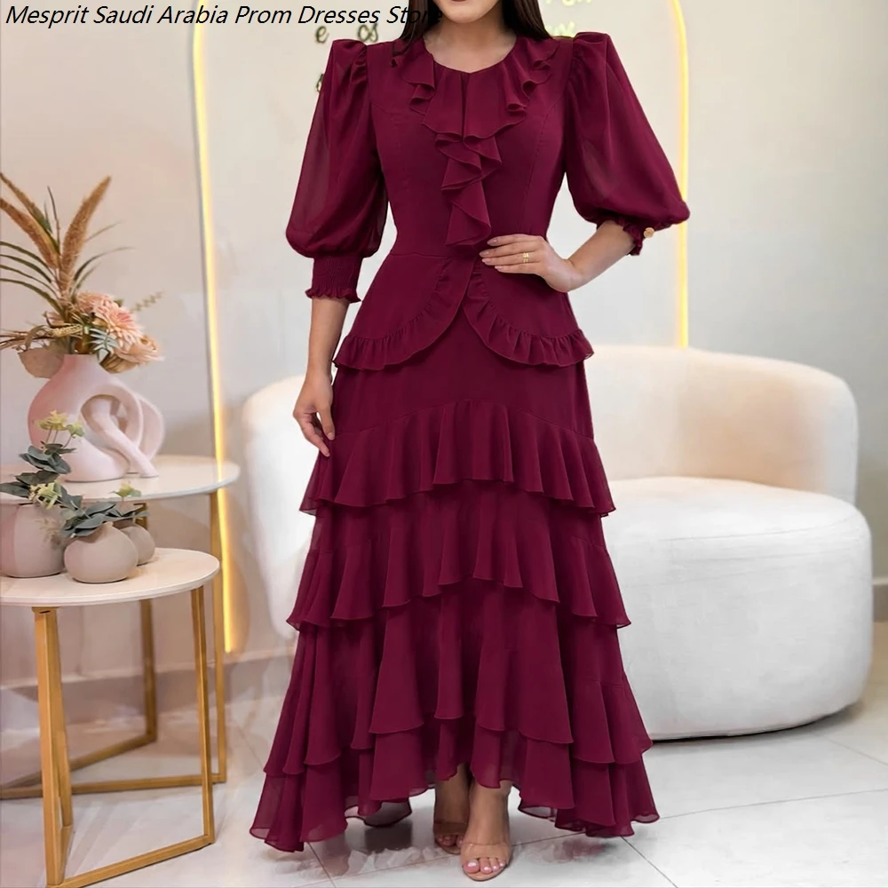 

Women's A-line Evening Dresses Ankle-length O-neck Three Quarter Sleeve Prom Dresses Fashion Ruched Draped Customized Gowns
