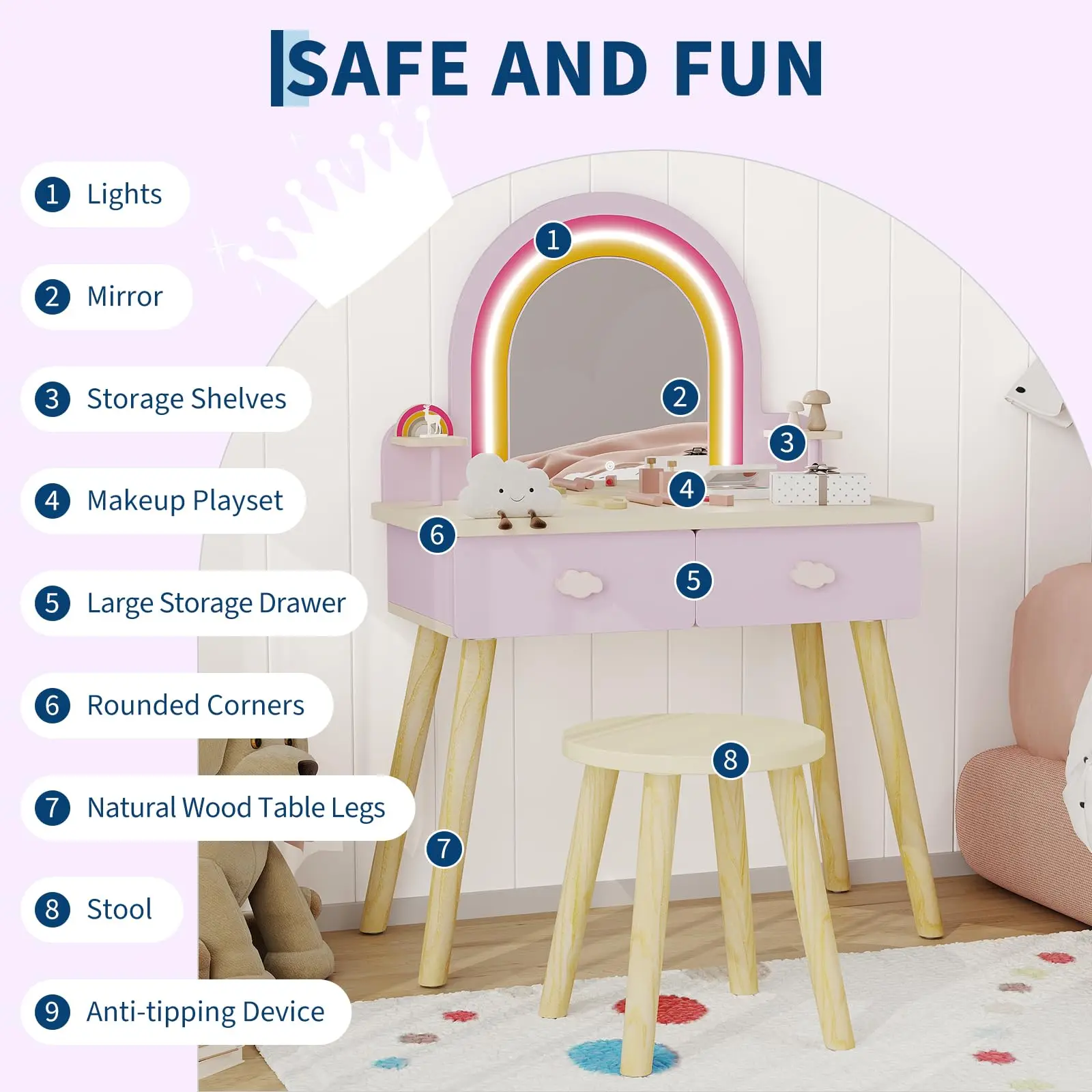 Kids Vanity Table with LED Mirror & Stool, Tangerine Pink Makeup Dressing Table