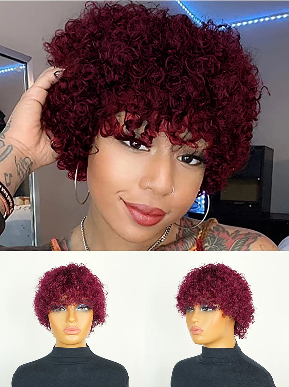 Peluca de corte Pixie corto rizado con ondas de agua color Burdeos, pelucas de cabello humano brasileño con flequillo prearrancado para mujeres, hechas a máquina