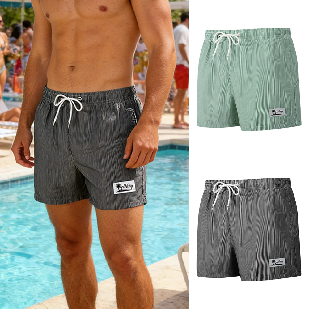 

Мужские летние быстросохнущие пляжные шорты в полоску с завязками и эластичным поясом, с логотипом пальмы и боковым карманом, для отпуска и пляжа