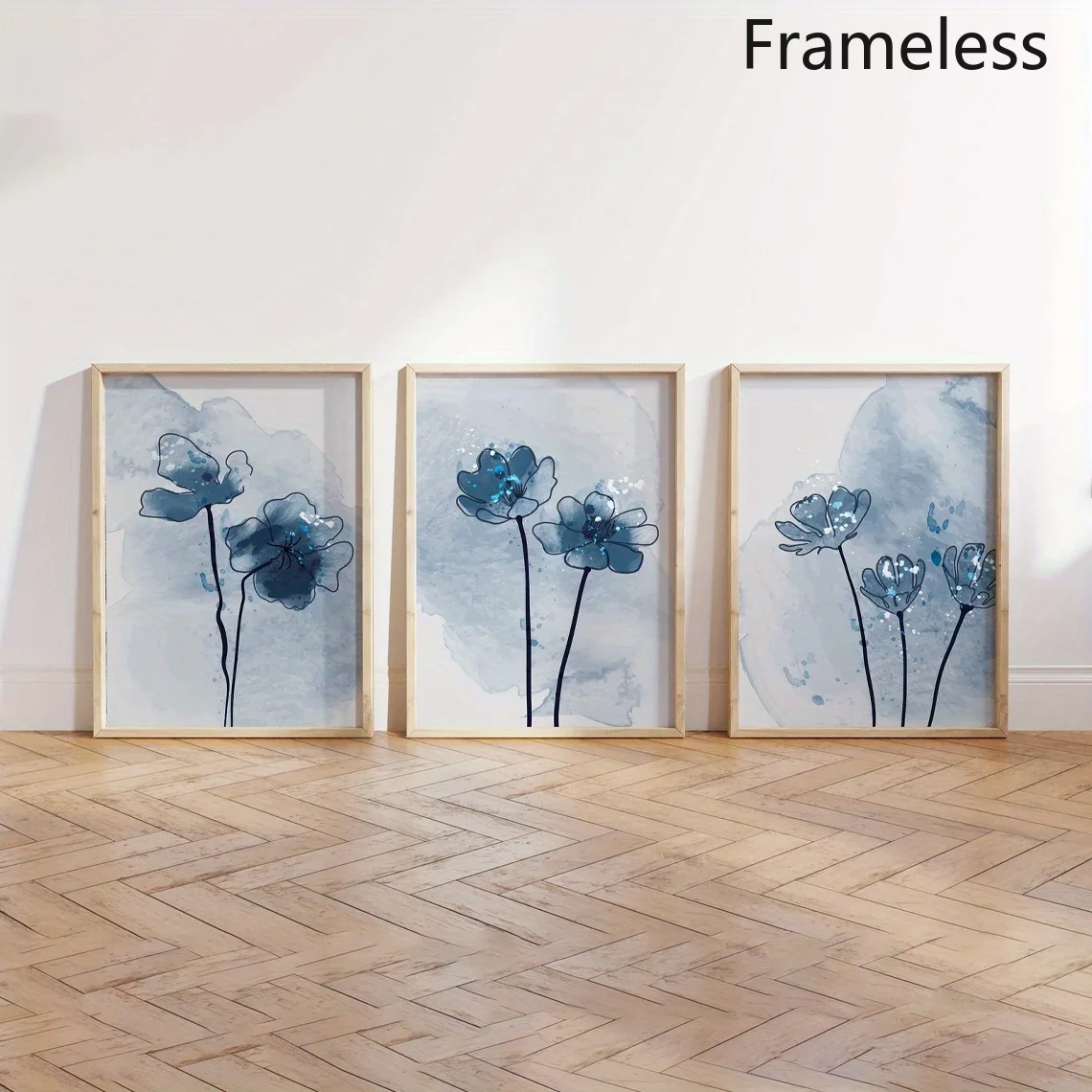 (No frame)2D Flat, 3pcs Vertical Vintage Blue Botanical Flower Prints - Modern Frameless Posters Suitable for Bedroom, Living