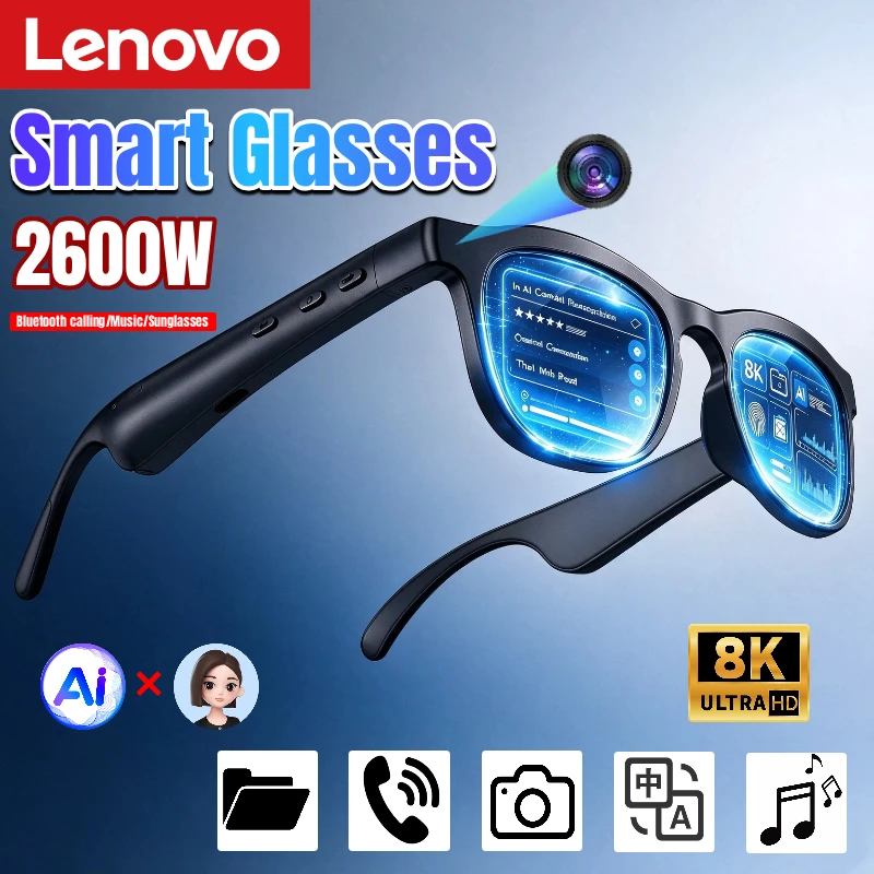 Lenovo New 2600MP Smart Glasses 8K HD Vedio Translation Hands-Free Call AI Chat Logging  Bluetooth 6.0 Music Playback Sunglasses
