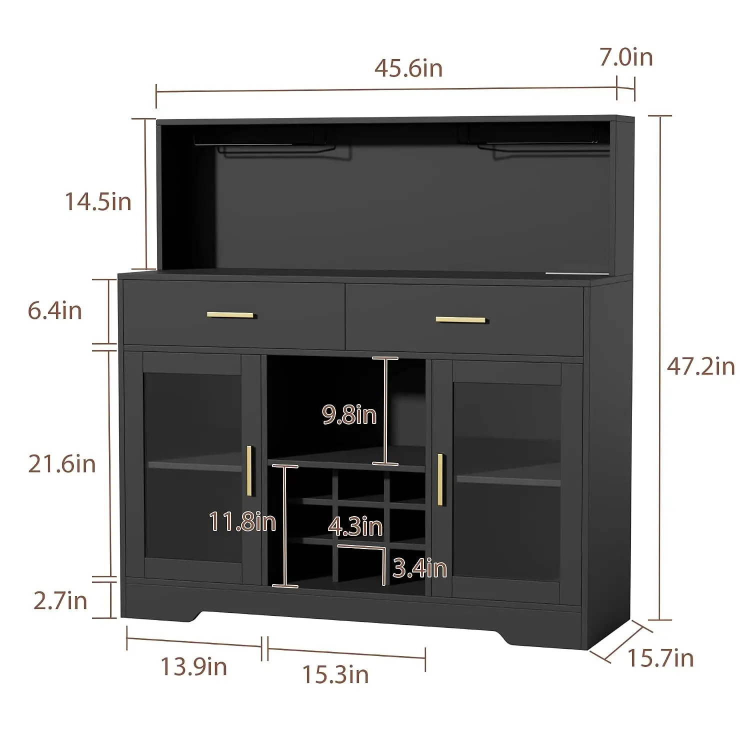 Bar Cabinet with Outlet & LED Lights, Wine Rack & Glass Holder, Buffet Sideboard for Living & Dining Room, Customized