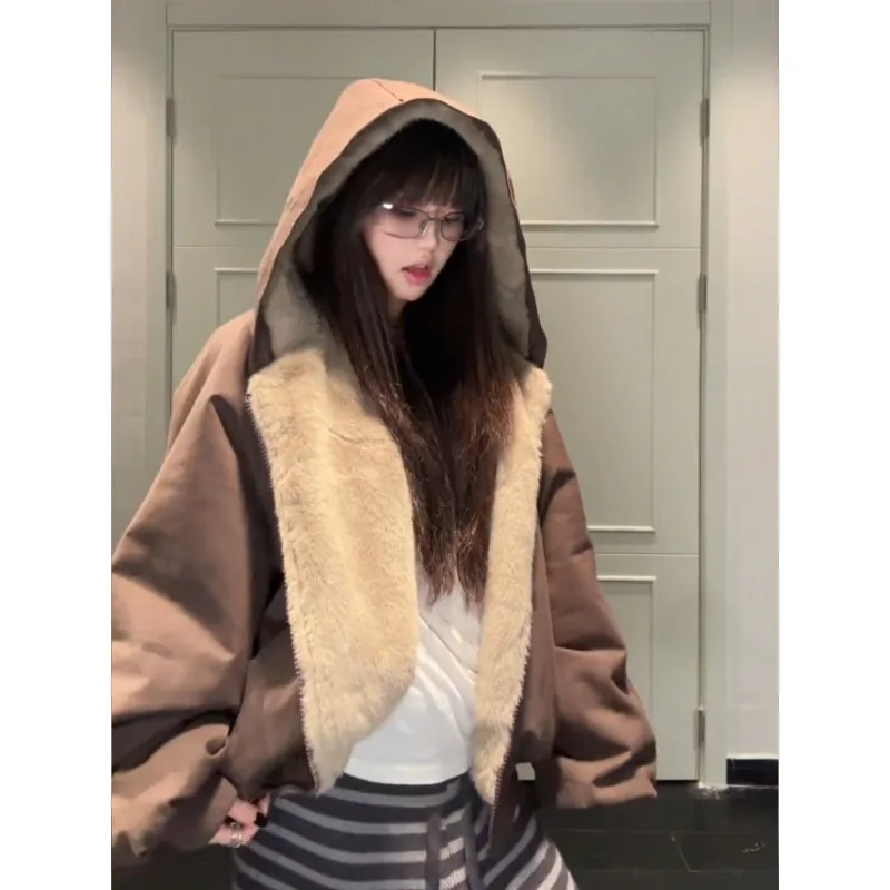 

YYAHAHAS Retro Brown Hooded Zipper Sweatshirt Jacket for Women in Autumn and Winter with Thick Velvet and Lazy Loose Top