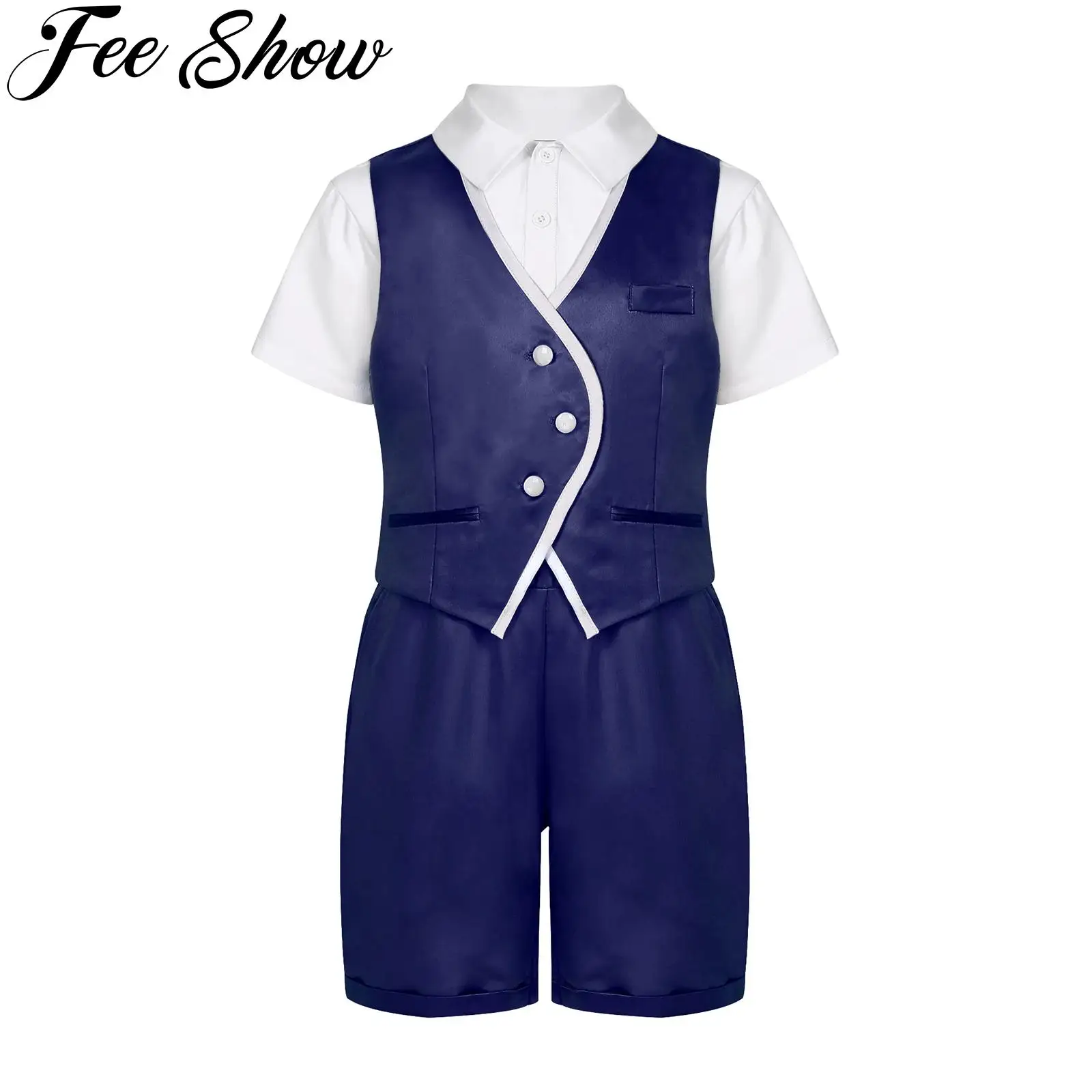 

Kids Boys Suits Gentleman Tuxedo 3 Pcs Chic Pointed Hem Vest Tops with T-shirt Shorts for Baptism Wedding Birthday Party Outfits