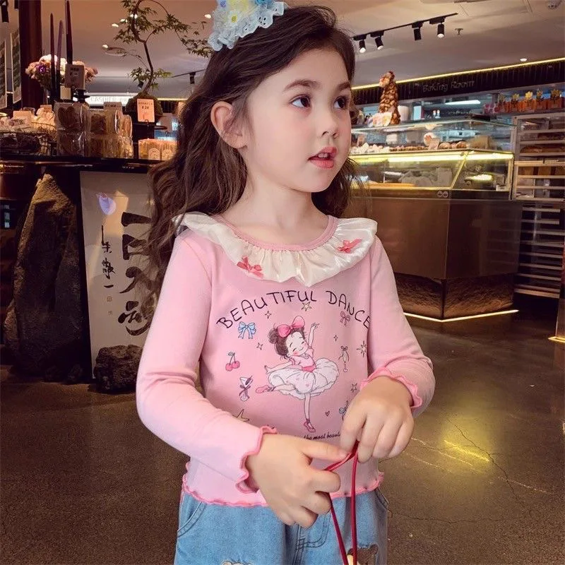 2026 Girls Cartoon Print Ruffle Trim T-Shirt Autumn Long Sleeve Crew Neck Cute Graphic Tee 2-8 Years Kids Casual Slim Fit Tops