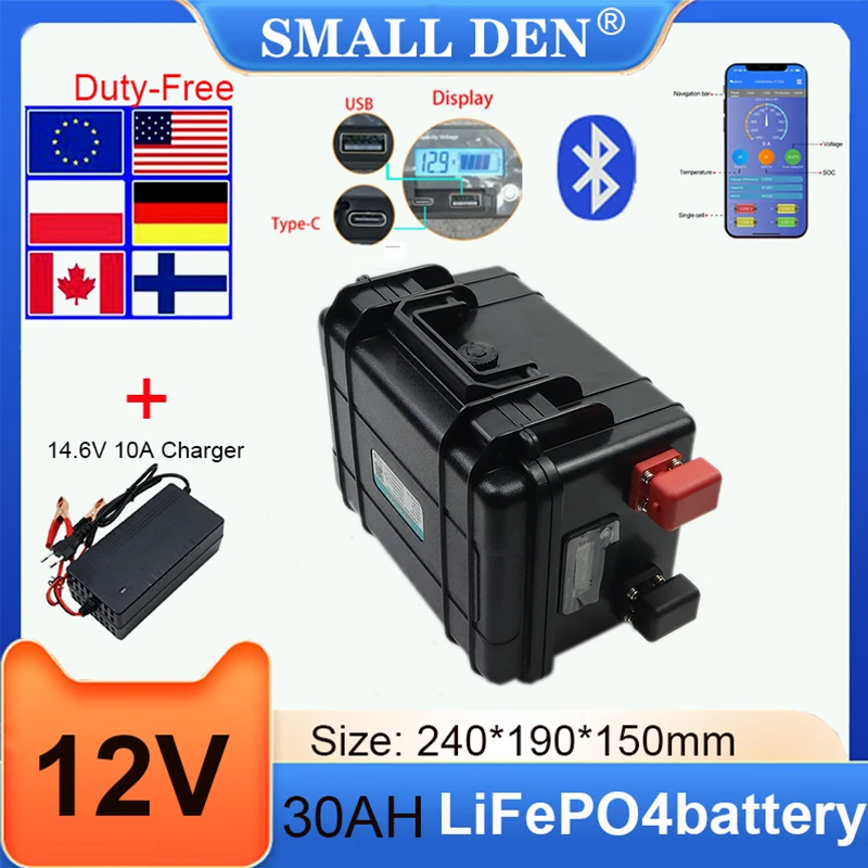 

Новый аккумулятор LiFePO4 12 В, 30 Ач, встроенный Bluetooth BMS для портативного источника питания, электронная лодка, солнечный кемпинг