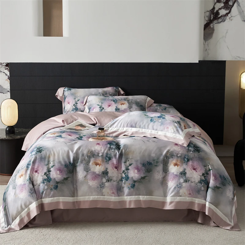 Flowers Prints Luxury Bedding Set 800TC Lyocell Cotton Brushed Queen King Size Duvet Cover Flat/Fitted Bed Sheet Pillowcase 4Pcs