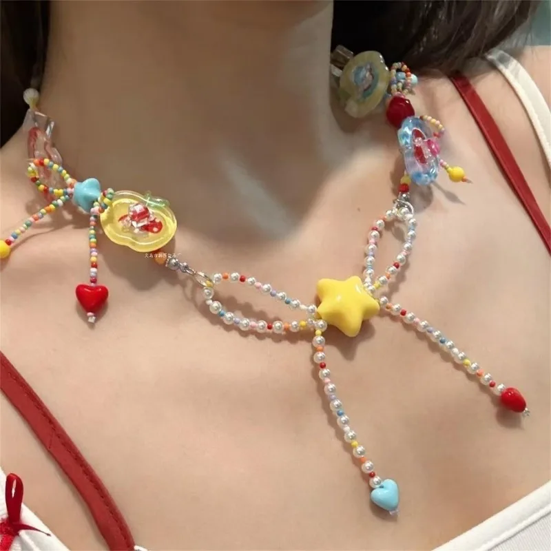 Apple Paradise Dopamine Colored Candy Star Beaded Necklace Girl Cute Children's Fun Summer Niche Clavicle Chain Ornament
