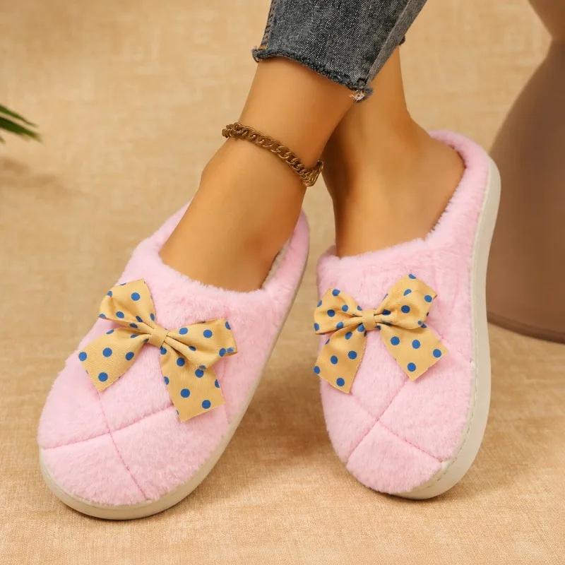 Festive Cute Bow Winter Women Home Slippers Indoor Warm Soft Sole Fashion Leisure Bedroom Breathable Comfort Cotton Shoes