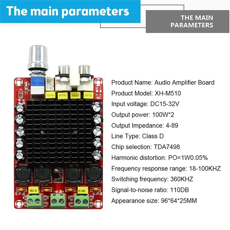 [جديد A09R!】 XH-M510 TDA7498 2X100w عالية الطاقة الرقمية مكبر كهربائي مجلس سيارة مكبر للصوت تيار مستمر 14-34 فولت #6