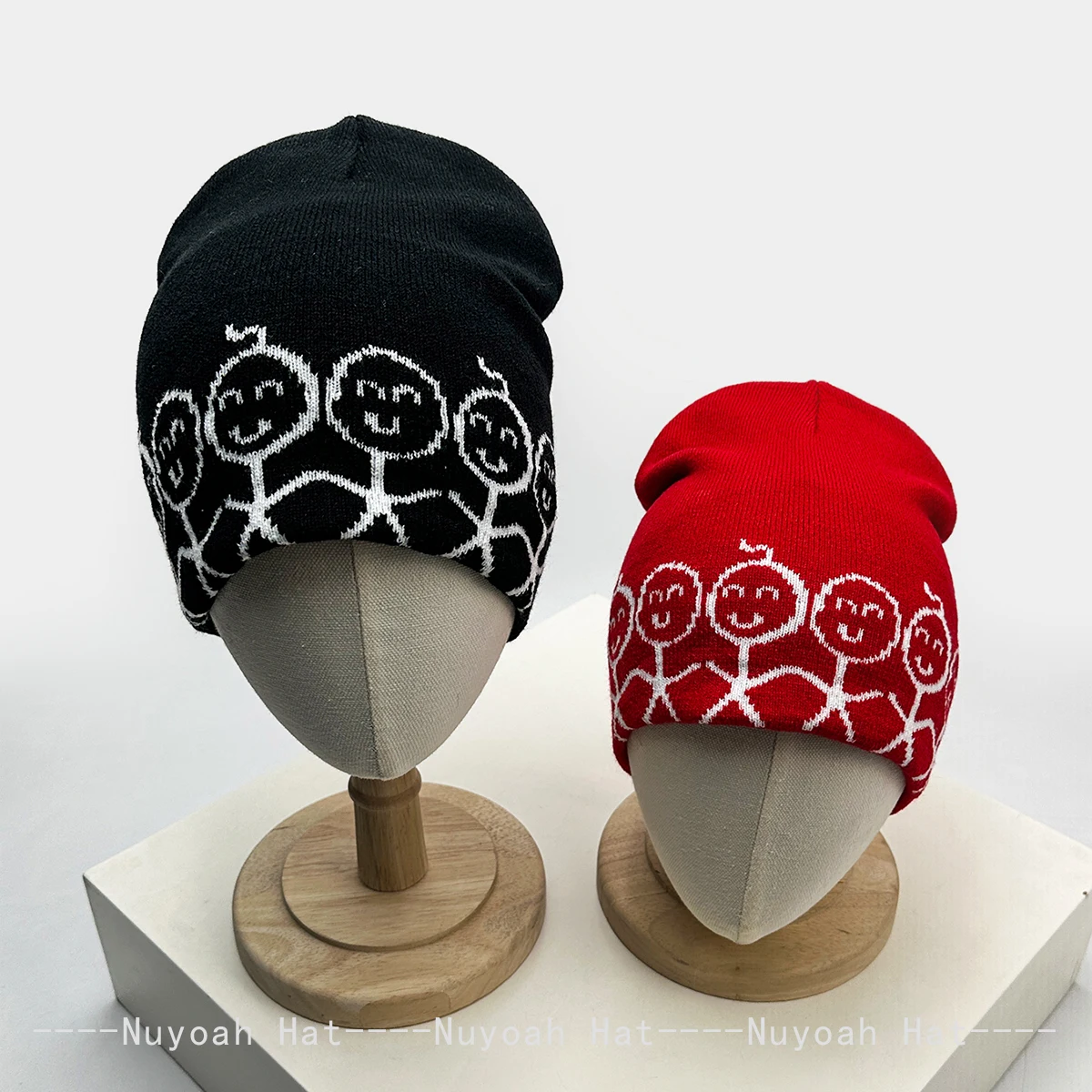 Cartoon Jacquard Stick Figure Beanie Hat for Men And Women Warm Color Block Retro Style Knitted Winter Fashion Casual Outdoor Ca