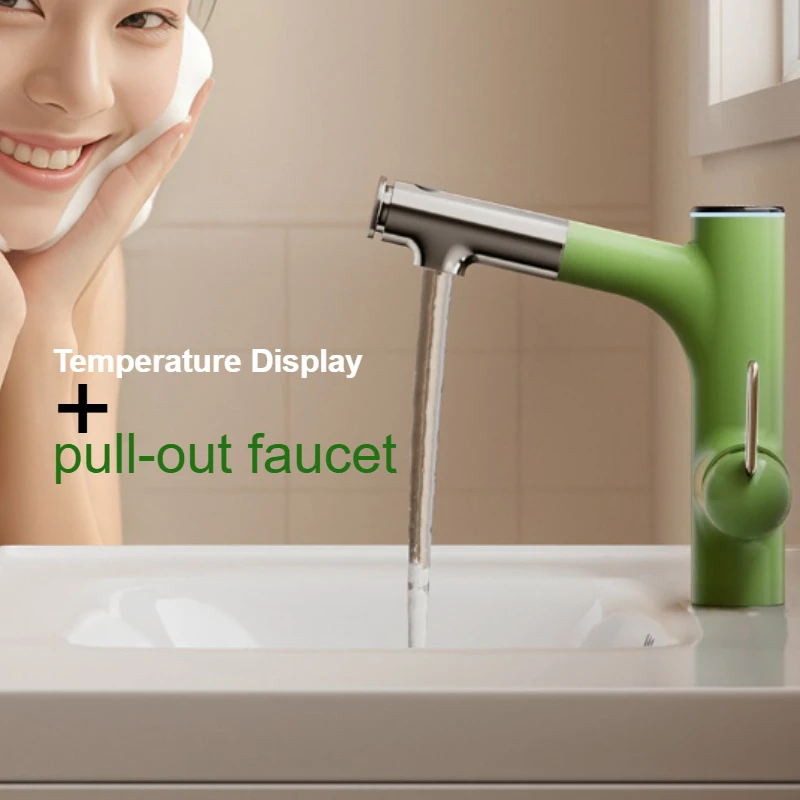 Light Luxury Cactus Shape LED Digital Display Pull-Out Function 360 Rotatable Basin Faucet Hot Cold Anti-Splash for Bathroom