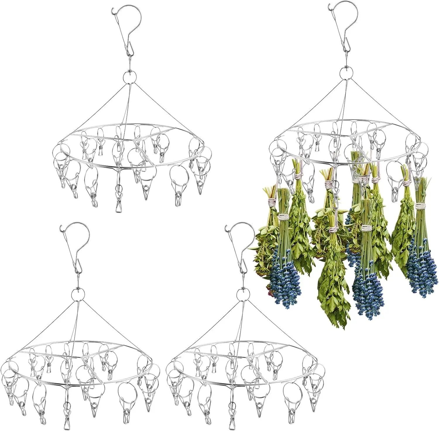 

4 Pcs Round Stainless Steel Hanging Drying Rack with 20 Clips for Herbs, Flowers, Tea, Laundry, Indoor Outdoor