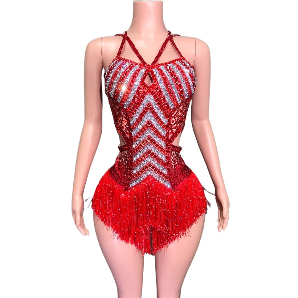 Błyszczące frędzle dżetów body seksowny kostium taneczny z dziurami strój do klubu nocnego piosenkarka tancerz strój sceniczny
