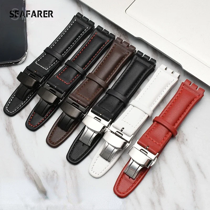 Concave-Convex Leather Watch Strap for Swatch Swatch Yrs Ycs 17mm 19mm Men and Women Couple Butterfly Clasp