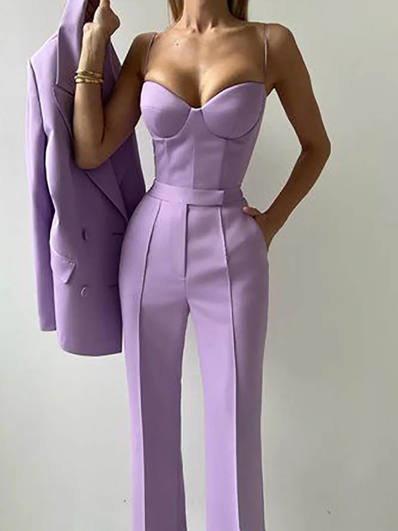 Purple Suits Set for Women 2 Piece Double Breasted Jacket with Wide leg Pants Business Formal Pantsuits Classic Style