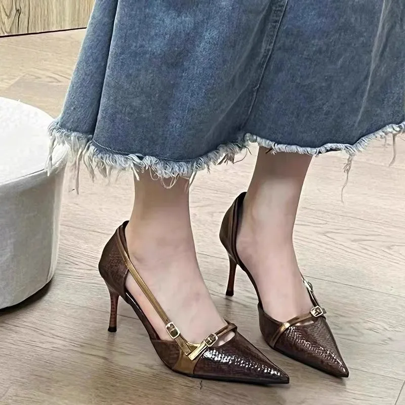 

Women's Fashion Pointed Thin Heel Snake Skin Pattern High Heels 2025 New Temperament Retro Belt Buckle Hollow Dress Sandals