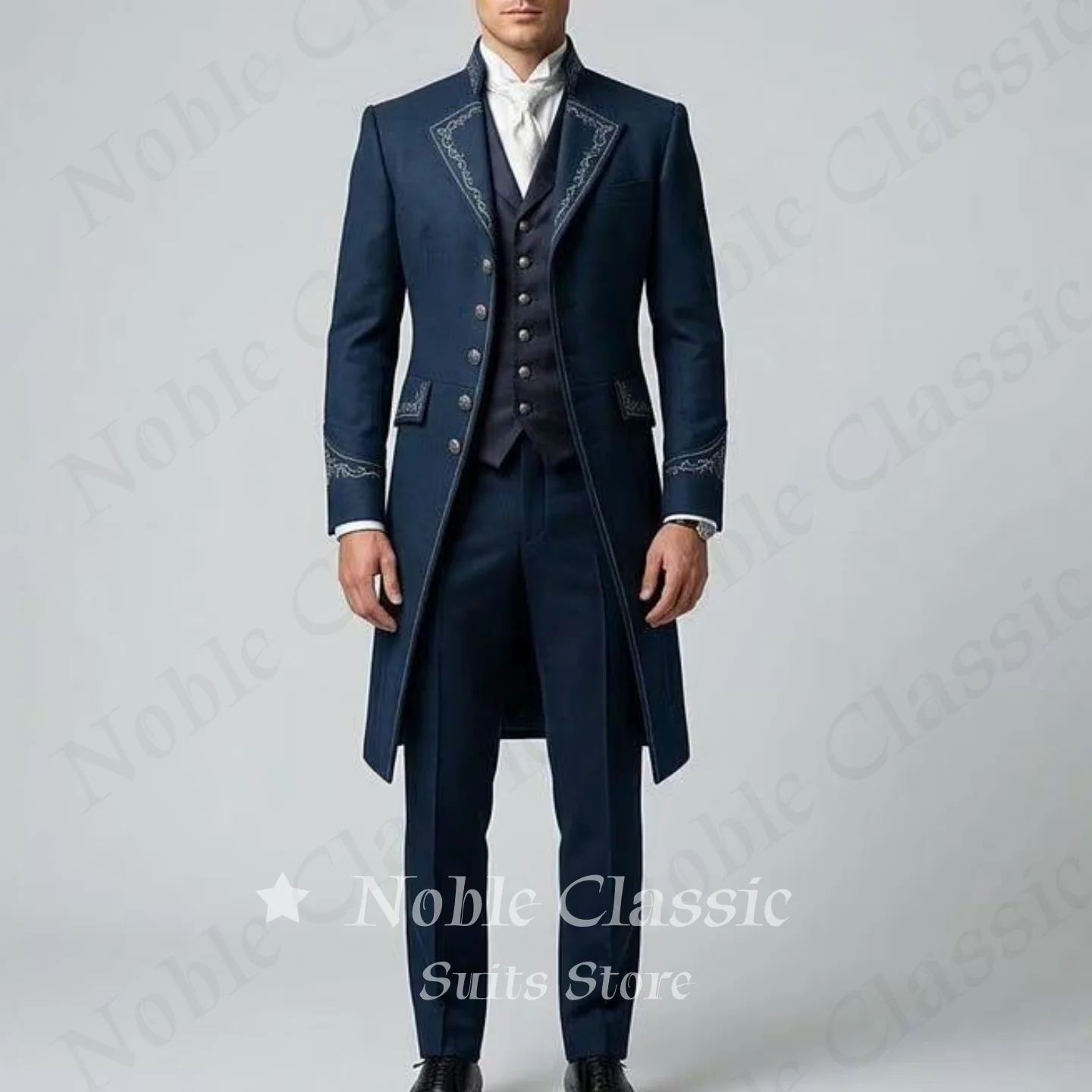 Vintage 3 Piece Suit Men Navy Silver Scroll Embroidery Tuxedo Jacket Vest Pants Formal Wedding Guest Stage Costume Customized