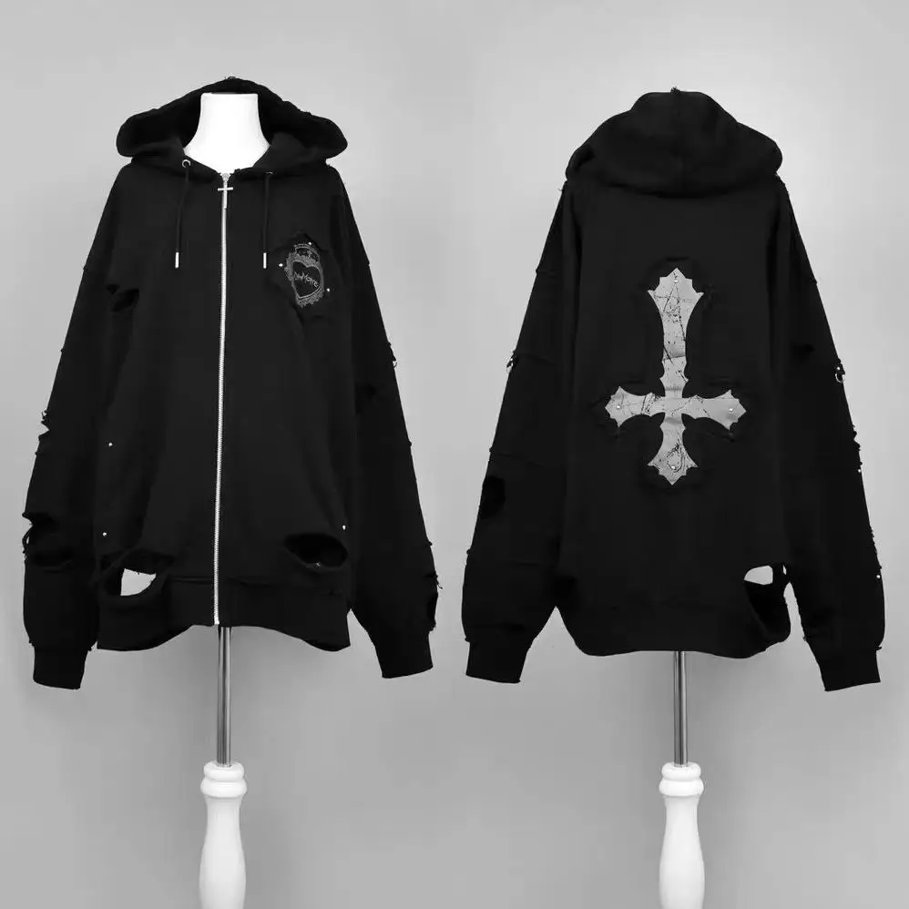 اليابانية الرجعية Y2K ثقافة فرعية ممزق معطف بقلنسوة القوطي الشرير فضفاض سستة معطف لطيف الحلو كول اليومية الخريف الشتاء النساء