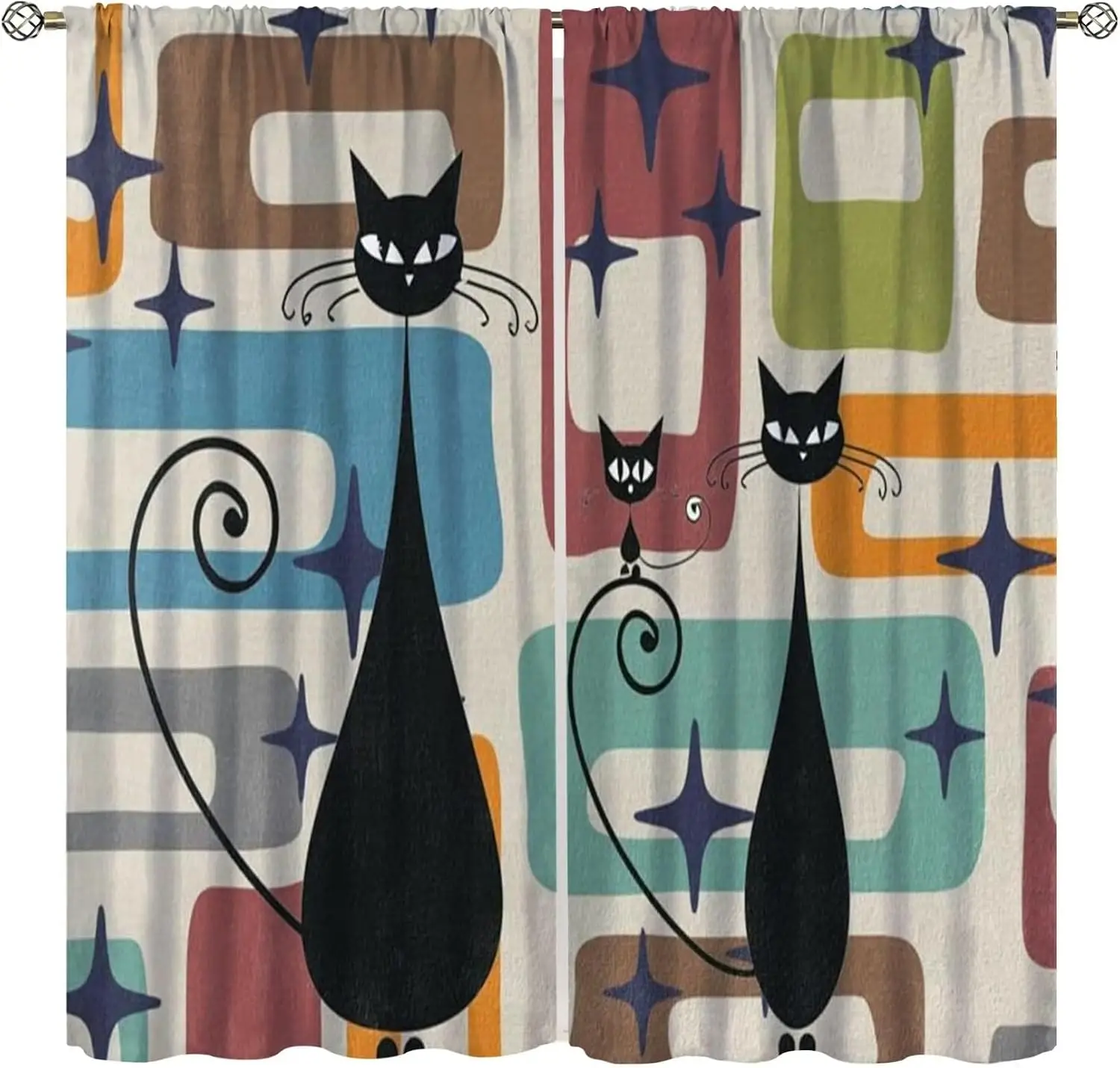 Cute Cat Pattern Geometric Curtains for Living Room Window Treatment Panels Modern Aesthetic Home Decor Curtain Pair Set of Two