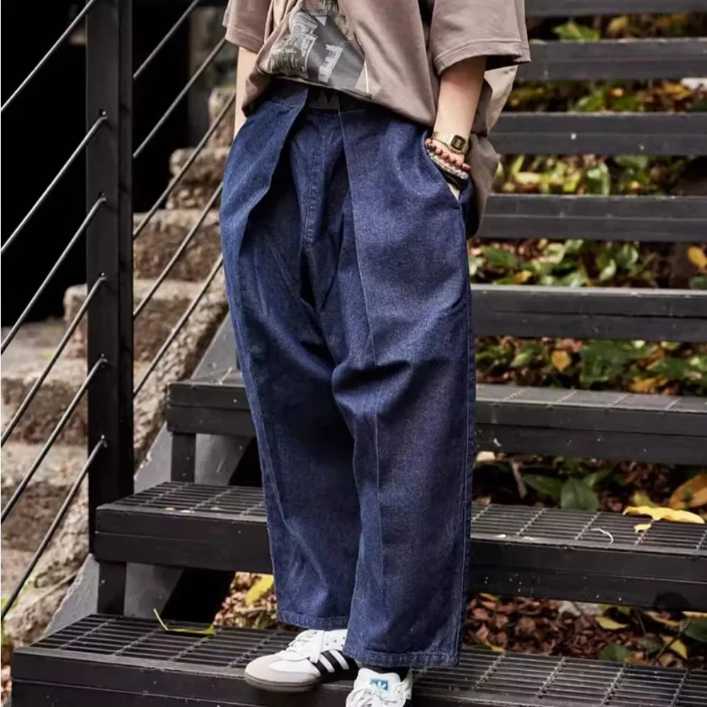 Retro Blue Dyed Kapital Vintage  Loose Elastic Waist Adjustable Jeans for Men
