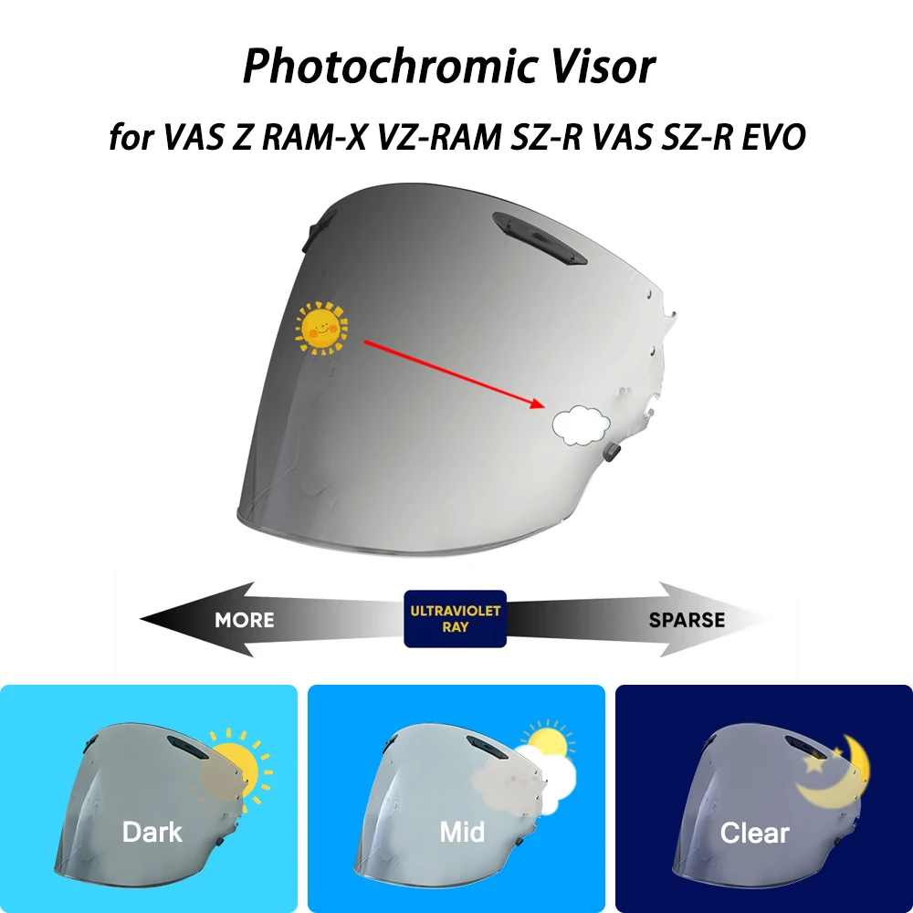 

Photochromic Visor For VAS Z RAM-X VZ-RAM SZ-R VAS SZ-R EVO Helmet Shield hromic Tea black Automatically Darkens Lens for Arai