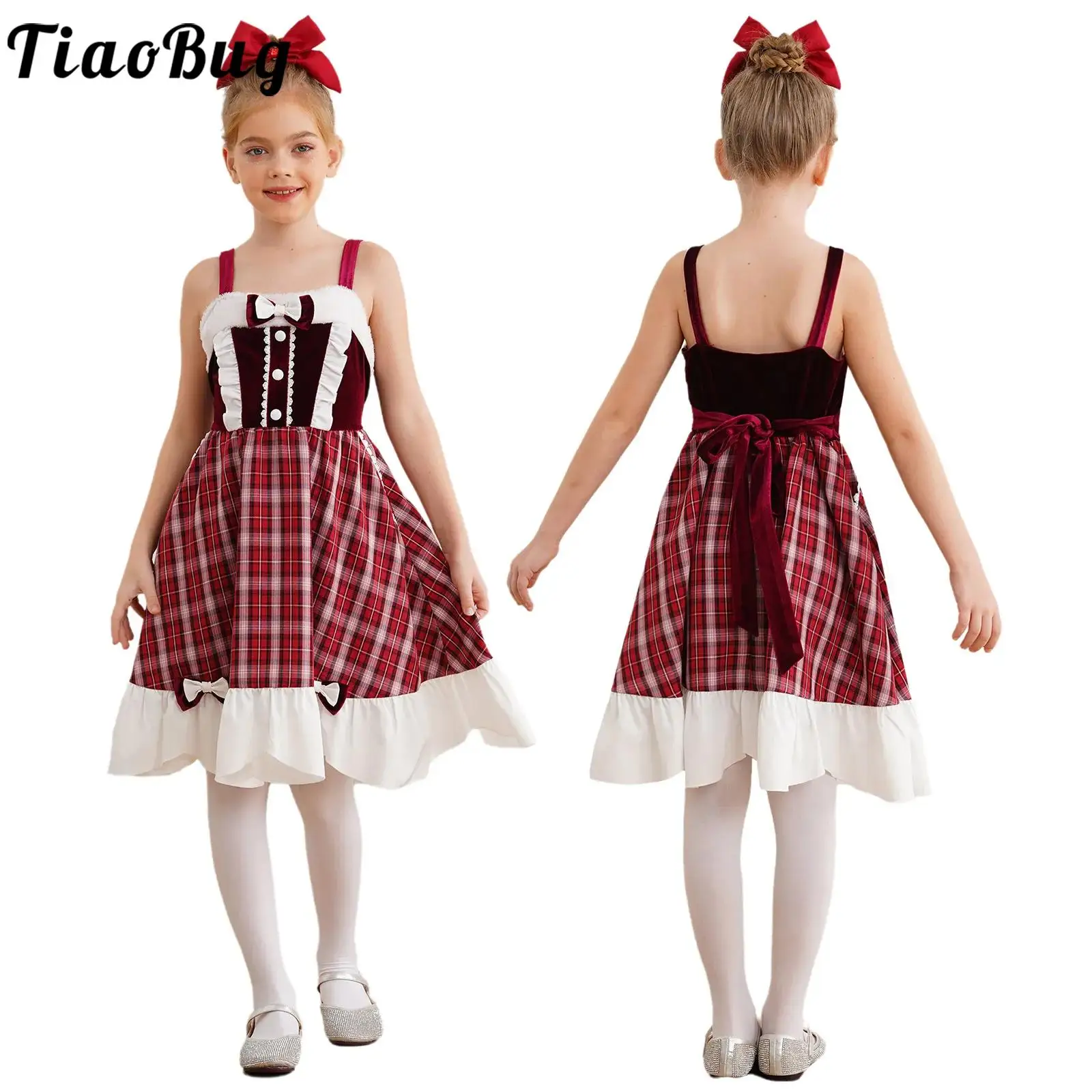 Kids Girls Christmas Plaid Dress Sleeveless High Waist Bow Knot Ruffle Hem A-line Dresses Xmas Party Festival Holiday Costume