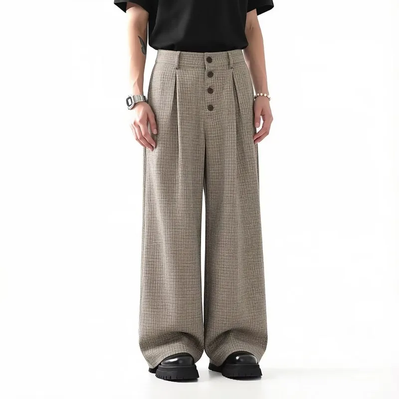 2026 Autumn New Korean Retro Plaid Casual Straight Leg Suit Pants Japan Fashion Elegant Streetwear Men's Baggy Wide Leg Pants