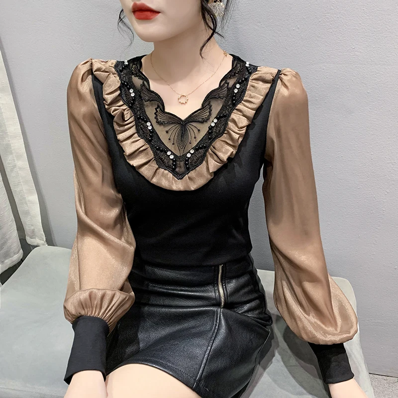 Fall Winter European Clothes T-Shirt Chic Sexy Patchwork Ruffles Shiny Beading Tops Chiffon Puff Sleeve 2025,New Hot Tees 0248