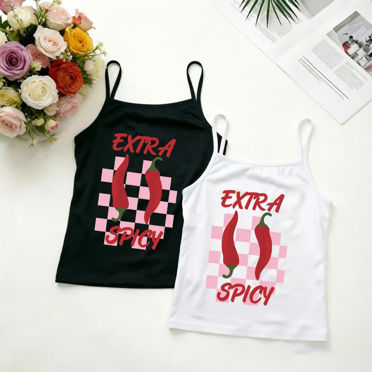 Chili Cami Tank Women Summer Top Sleeveless Crop Top Checkerboard Red Hot Pepper Graphic Streetwear Party Outfit Y2K Black