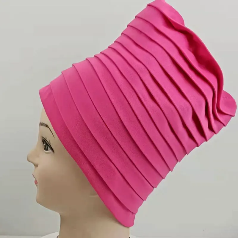 Solid Color Ethnic Muslim Headscarf  Air Layer Foldable Strip Brimless Indian High Top Turban Beanie Hats