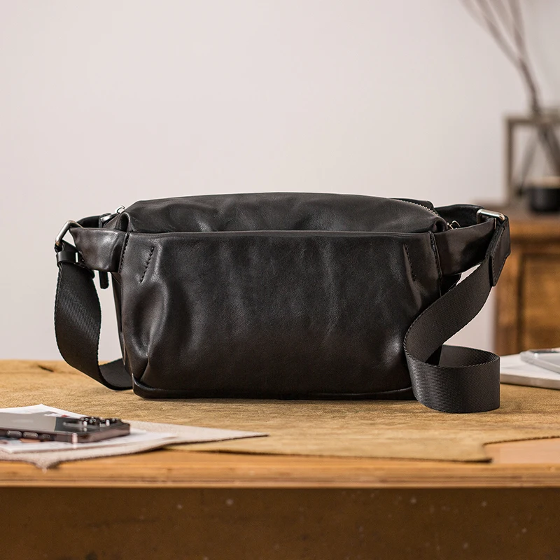 PNDME Outdoor daily work high quality genuine leather men's crossbody bag casual luxury first layer cowhide black shoulder bag