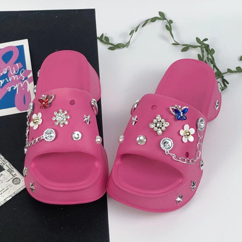 Women Summer Slippers EVA Clogs Sandals Shine Rhinestone Decoration Garden Shoes Non-Slip Slides Platform Casual Shoe For Female