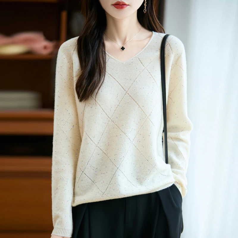 

Autumn Winter V-Neck Knitted Sweater 2025 Loose Top Slimming Versatile Pure Wool Knitwear for Women