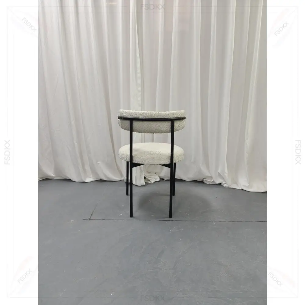 Modern Nordic White Wool Blend Boucle Fabric Black Metal Leg Cafe Lambswool Dining Chair