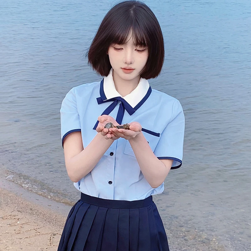 

Chinese Korean Jk Uniform Short Sleeve Set for Girls Taiwan High School Clothes Student Blue Sailor Shirt with Pleated Skirts