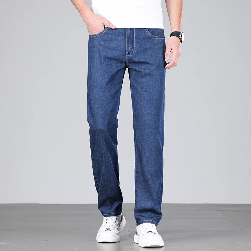 4 ألوان جديدة ليوسيل الجينز ملابس للرجال رقيقة تمتد مستقيم الأعمال عادية الدينيم السراويل فضفاضة سراويل قطنية للذكور